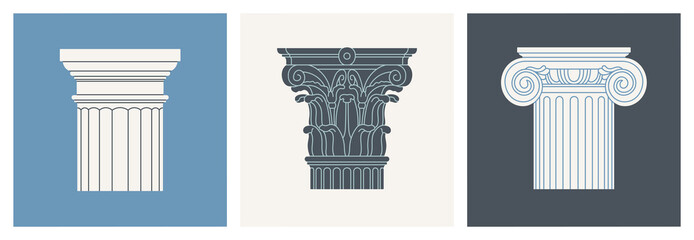 Set of posters with capitals, classical architectural orders made of marble or gypsum. Ancient Greek and Roman art concept. Sculpture, architecture. Hand drawn vector illustrations.