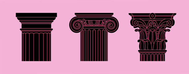 Set with capitals, classical architectural orders made of marble or gypsum. Ancient Greek and Roman art concept. Sculpture, architecture. Hand drawn vector illustrations isolated on pink background.