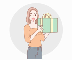 smiling long hair woman holding a gift box. girl looked excited and surprised. hand drawn with thin lines style.