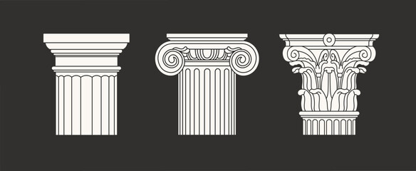 Set with capitals, classical architectural orders made of marble or gypsum. Ancient Greek and Roman art concept. Sculpture, architecture. Hand drawn vector illustrations isolated on black background.