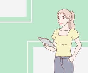 smile woman wearing a t-shirt holding a tablet. female with gadget. space for text. hand drawn with thin lines style.