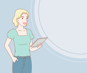 smile woman wearing a t-shirt holding a tablet. female with gadget. space for text. hand drawn with thin lines style.
