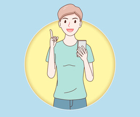 smile woman wearing a t-shirt using a smartphone on paper cut background.hand drawn with thin lines style.