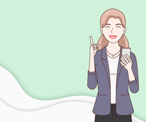 smile business woman wearing a suit using a smartphone on paper cut background. hand drawn with thin lines style.
