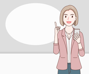 smile business woman wearing a suit using a smartphone on paper cut background. hand drawn with thin lines style.