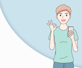 smile woman wearing a t-shirt using a smartphone on paper cut background. hand drawn with thin lines style.