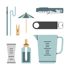 Poster with different bartender tools: jigger, corkscrew, bottle opener etc. Hand drawn vector illustration isolated on white background. Icons set. Cocktail shaker bar equipment. Party concept.