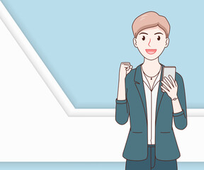 smile business woman wearing a suit using a smartphone on paper cut background. hand drawn with thin lines style.