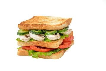 Homemade vegan sandwich with mushrooms, tomato, cucumber and green salad. Sandwich isolated on white background. Side high view of sandwich