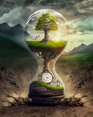 hourglass with tree in top part and clock on the bottom - depicting climate change and global warming, declining natural resources