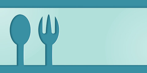 blue paper cut spoon and fork background. cutlery art design. cooking utensil. space for text.