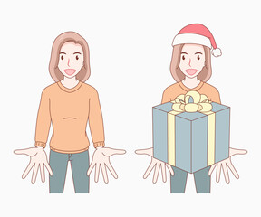 smiling long hair woman showed two gestures. open both hand palm forward and another pose holding a gift box. girl looked excited and surprised. merry christmas and new year.