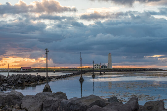 Icelandic sunset at Grotta lighthouse outside Reykjavik