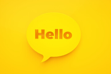 speech bubble with inscription hello over yellow background, 3d render © alesmunt