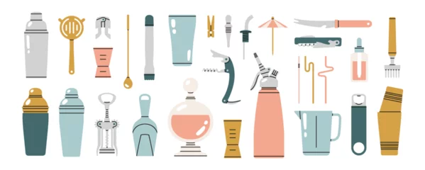 Foto op Canvas Icons set with different bartender tools: jigger, julep, shaker, muddler, corkscrew, bottle opener etc. Hand drawn vector illustration isolated on white background. Bar equipment. Party concept. © Busy Lola