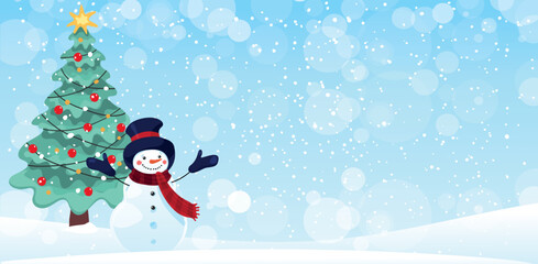 Winter christmas banner with snowman and christmas tree, festive background with copyspace, blue landscape with snowfall. Vector billboard for the new year.