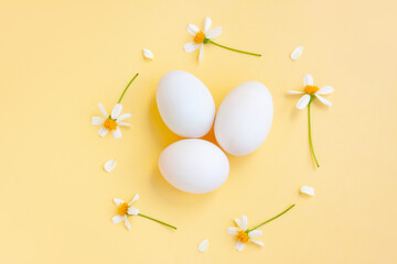 White eggs with White flowers blooming on yellow background, Duck eggs.