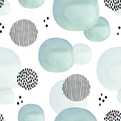 Seamless pattern with blue circles. Aquamarine blue color. Watercolor abstract background with rounded shapes