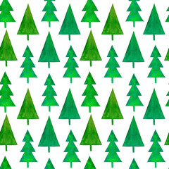 Seamless pattern of watercolor Christmas trees on a white background