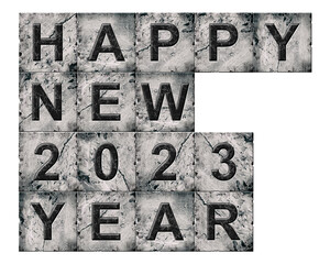 Happy New Year 2023, word on an alphabet on stone blocks, isolated on white background. New Year of the year concept.