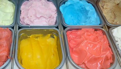 Trays of ice cream homemade in ice cream shop