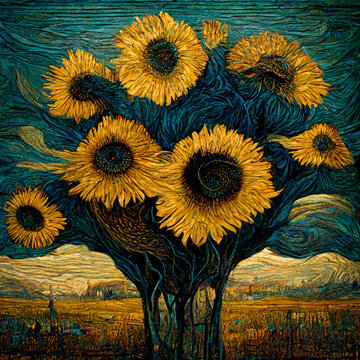 Digital art fantasy: sunflower plant in field, Van Gogh style made with generative AI