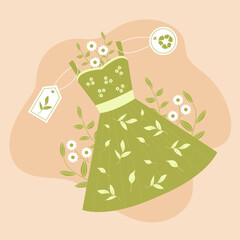 Recycle and sustainable fashion concept. Recycling illustration. Dress made of ethnic material. Eco textile and vegan clothing. Vector illustration.