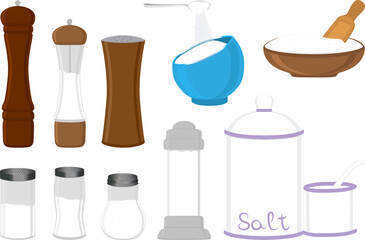 big set different types glassware filled salt