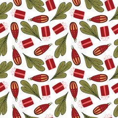 Christmas and Happy New Year seamless pattern with Christmas decoration and gifts. Trendy retro style. Vector design template.
