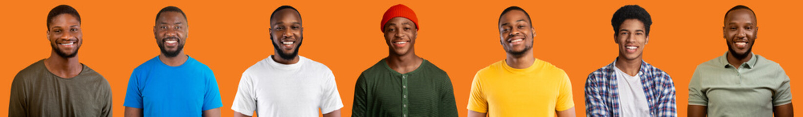 Positive black guys enjoying life, set of photos on orange
