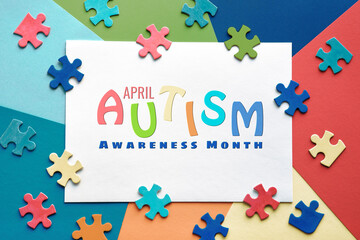 Text April, World Autism Awareness Month, frame with puzzle pieces. Banner, wallpaper, background...