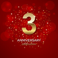 3rd Anniversary. Golden number 3 with sparkling confetti and glitter for celebration events, weddings, invitations and greeting cards. Realistic 3d sign. Vector festive illustration