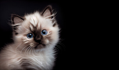 Fototapeta premium Cute fluffy birman kitten on dark background. Space for text. Adorable portrait of a birman kitten. Cute cat. Digital art