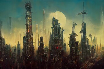 Dystopian postapocalyptic steampunk metropolis illustration