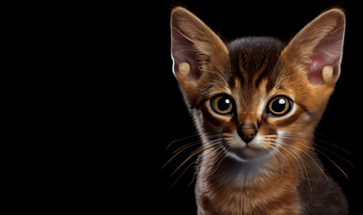 Cute  kitten dark background. Space for text. Adorable portrait of a  kitten.  Cute cat.  Digital art