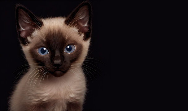 Cute siamese kitten dark background. Space for text. Adorable portrait of a siamese kitten.  Cute cat.  Digital art