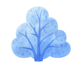 Winter shrub watercolor clipart. Illustration of a blue snow - covered shrub . A plant for the winter landscape of the park and forest. Isolated hand-painted drawing