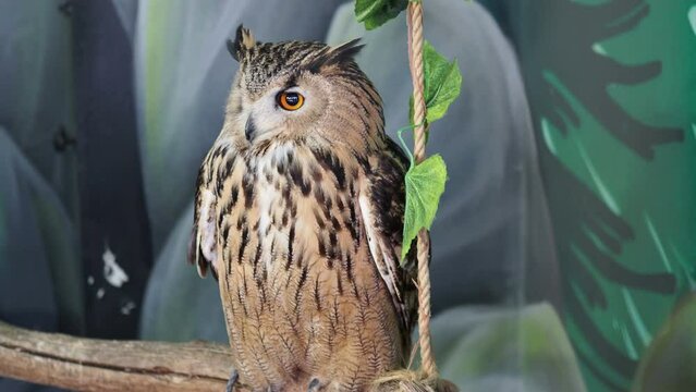 Portrait of Great Horn eagle owl, Eurasian eagle owl the birds show in the zoo, free space for text.