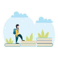 A schoolgirl with a backpack goes up the stairs from the books. Progress in learning. Flat vector in cartoon style.