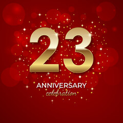 23th Anniversary. Golden number 23 with sparkling confetti and glitter for celebration events, weddings, invitations and greeting cards. Realistic 3d sign. Vector festive illustration