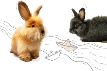 In the spring, two little rabbits launch paper boats into the stream, on a white background. Photo with illustration elements. Spring concept, April.