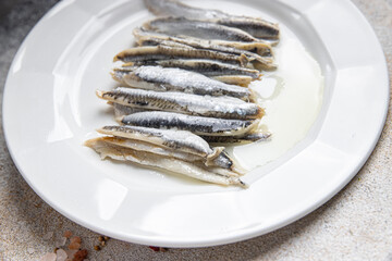anchovy sardine fish fillet seafood meal food on the table copy space food background top
