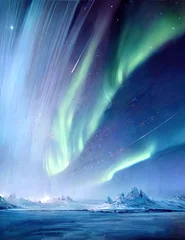 Fotobehang background with northern lights over landscape, aurora borealis, green, teal turquoise, winter, ice, snow, illustration, generative AI © Caphira Lescante