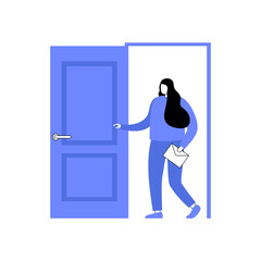 Female character exits door. Vector