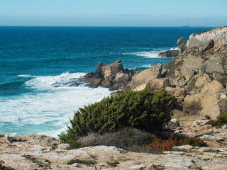 View sea shore with ocean waves, sharp rocks and stones and green bush at Rota Vicentina wild coast near Vila Nova de Milfontes, Portugal.