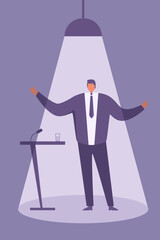 Politician man speaks on stage with light