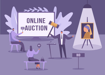 Concept of online auction. Auctioneer and collectorss make bids