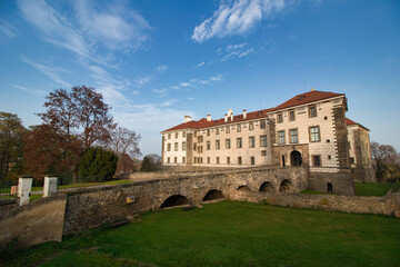 Fototapeta na wymiar The Nelahozeves Chateau, finest Renaissance castle, Czech Republic. Main gate with bridge.