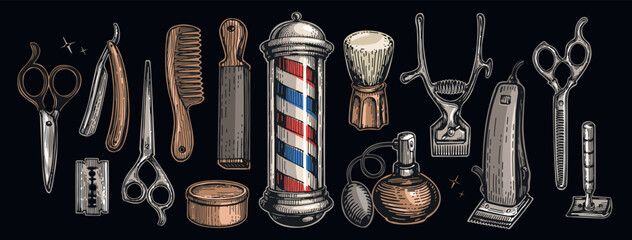 Hairdressers tools and barbershop set of objects, design elements. Barber shop and haircuts salon concept