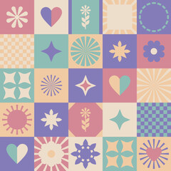 Mosaic seamless square pattern in retro vintage colors. Patchwork print, mosaic background of cute pastel decorative elements for festive wrapping paper, for children's fabric and textiles.